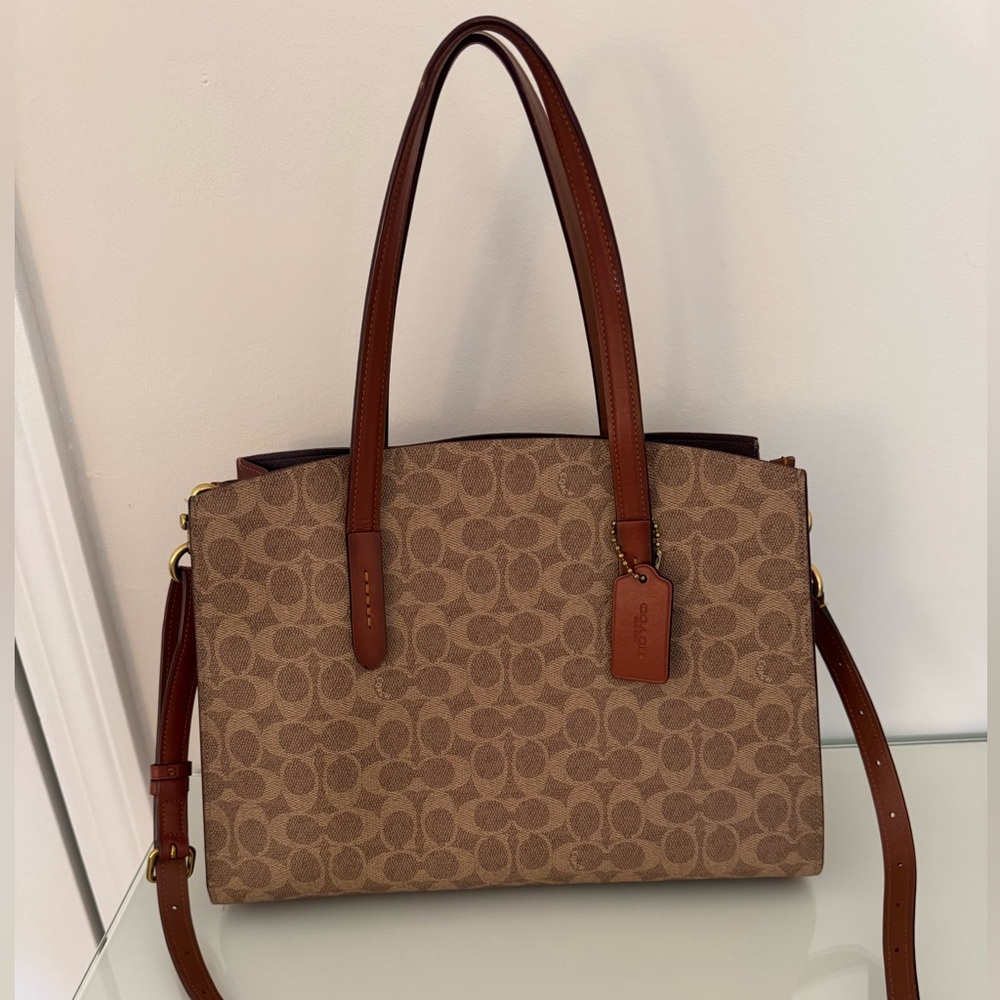 Coach Tan/Brown Signature Canvas Tote with Leather Trim